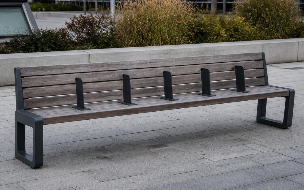 PUBLIC BENCH FITTED WITH DIVIDERS PREVENTS LYING DOWN AND MOST SITTING
